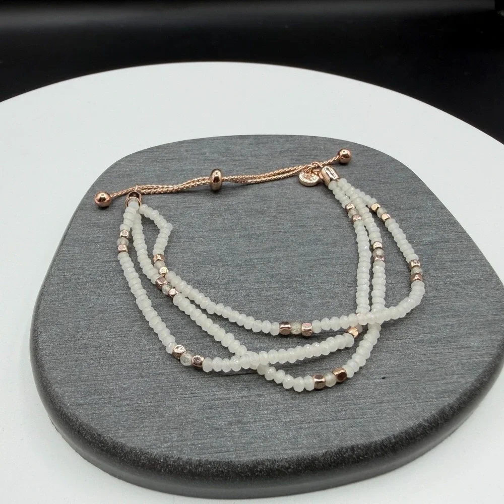 White Faceted Bead 3 Strand Bracelet Rose Gold Tone Adjustable Bolo Slider Gift